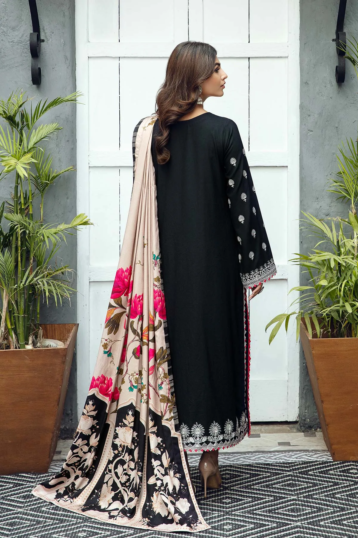 3-Piece Embroidered Leather Unstitched Suit with Poshima Printed Shawl CJP22-11.