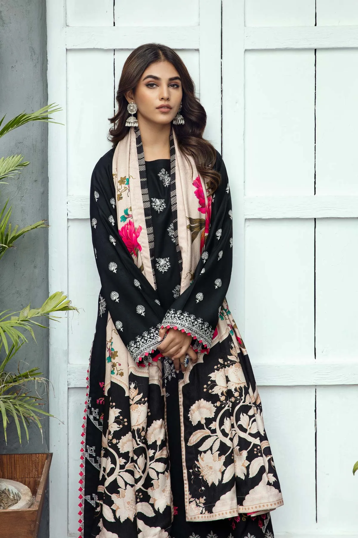 3-Piece Embroidered Leather Unstitched Suit with Poshima Printed Shawl CJP22-11.