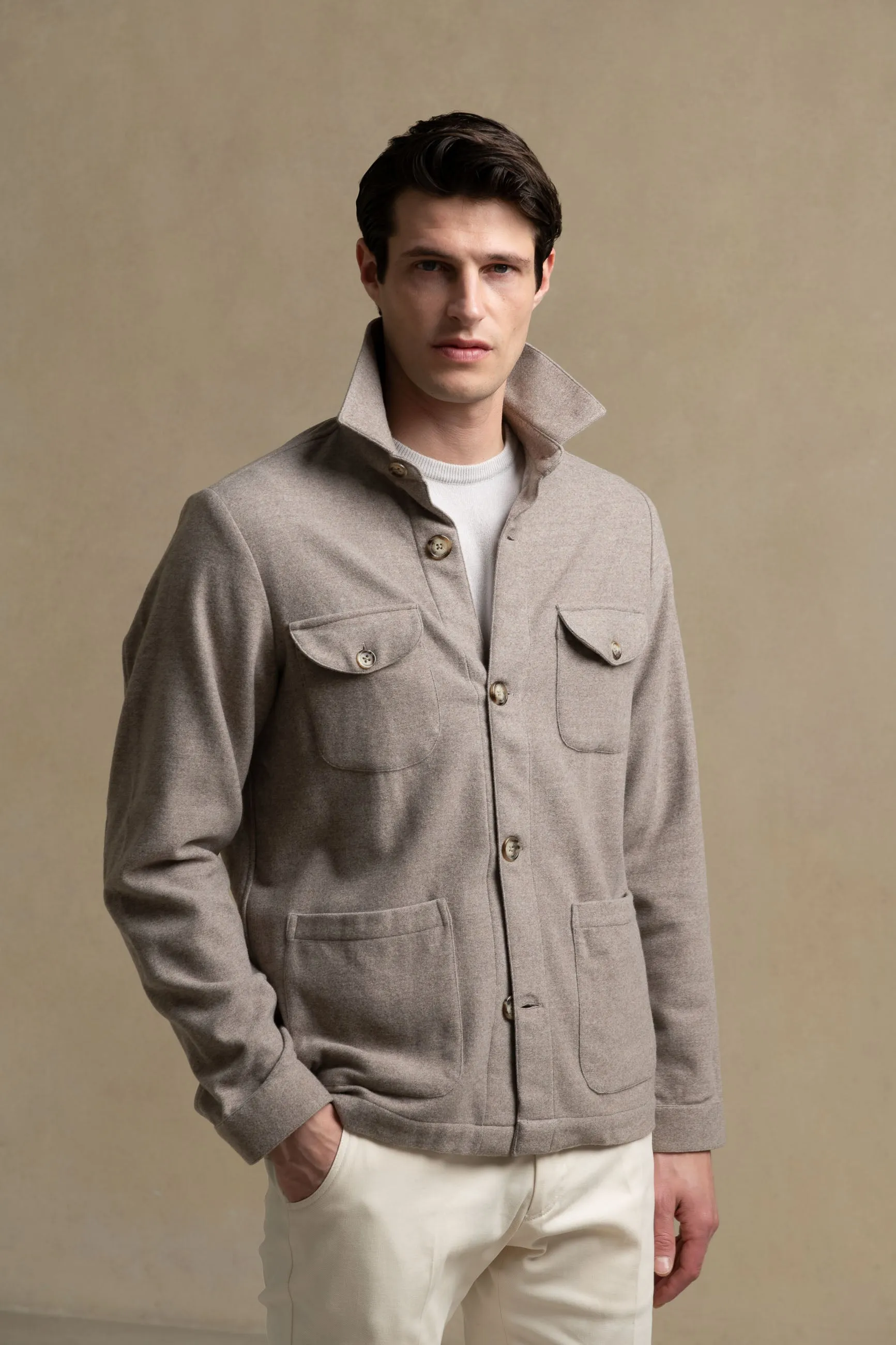 Beige Safari Jacket in Super 180s Flannel - Made in Italy