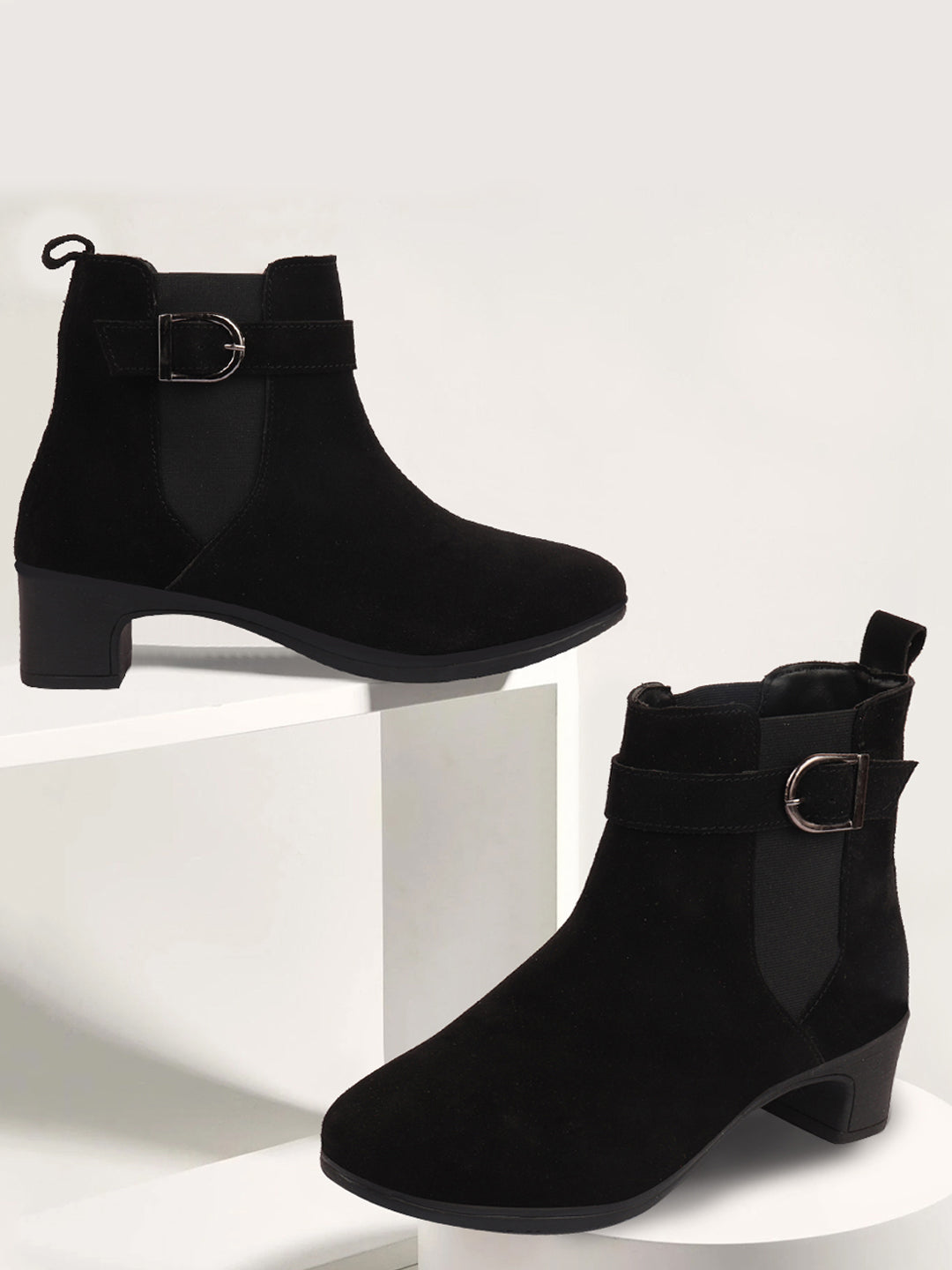 Black Flared Heel High Ankle Suede Leather Classic Winter Buckle Strap Chelsea Boots for Women