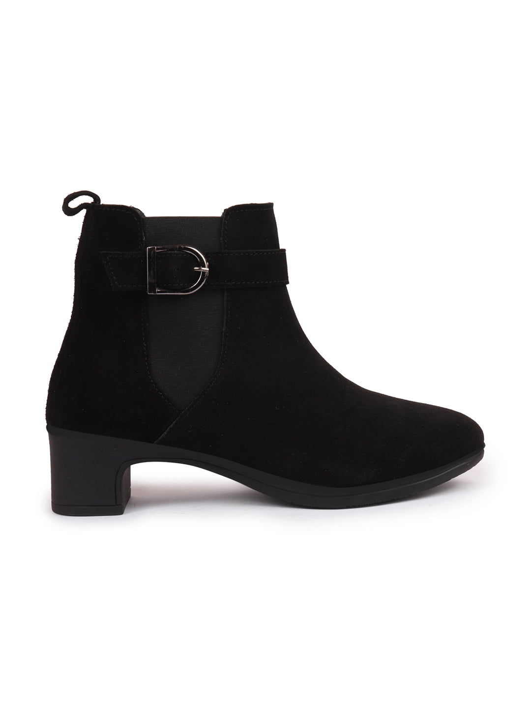 Black Flared Heel High Ankle Suede Leather Classic Winter Buckle Strap Chelsea Boots for Women