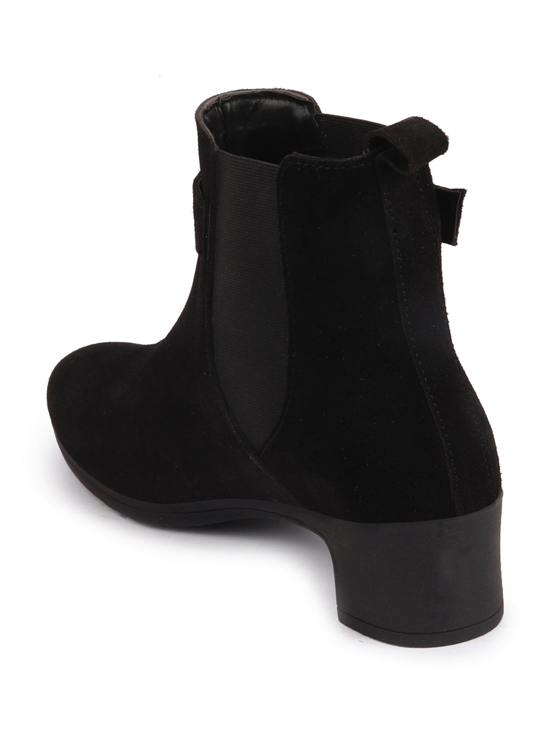 Black Flared Heel High Ankle Suede Leather Classic Winter Buckle Strap Chelsea Boots for Women