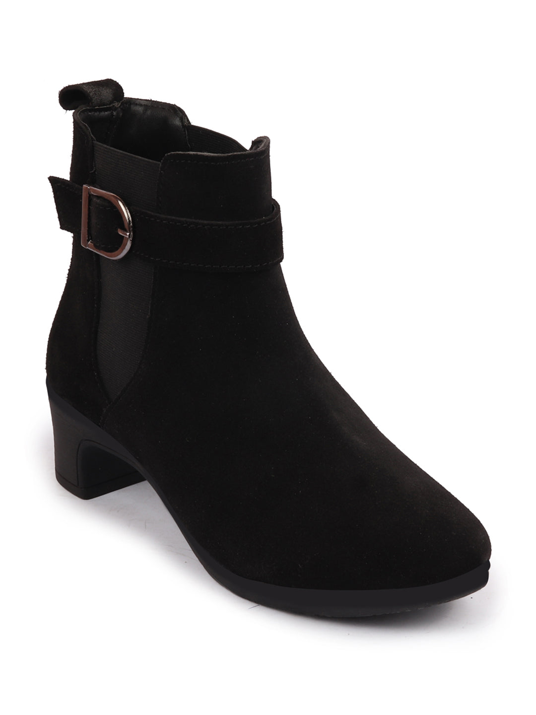 Black Flared Heel High Ankle Suede Leather Classic Winter Buckle Strap Chelsea Boots for Women