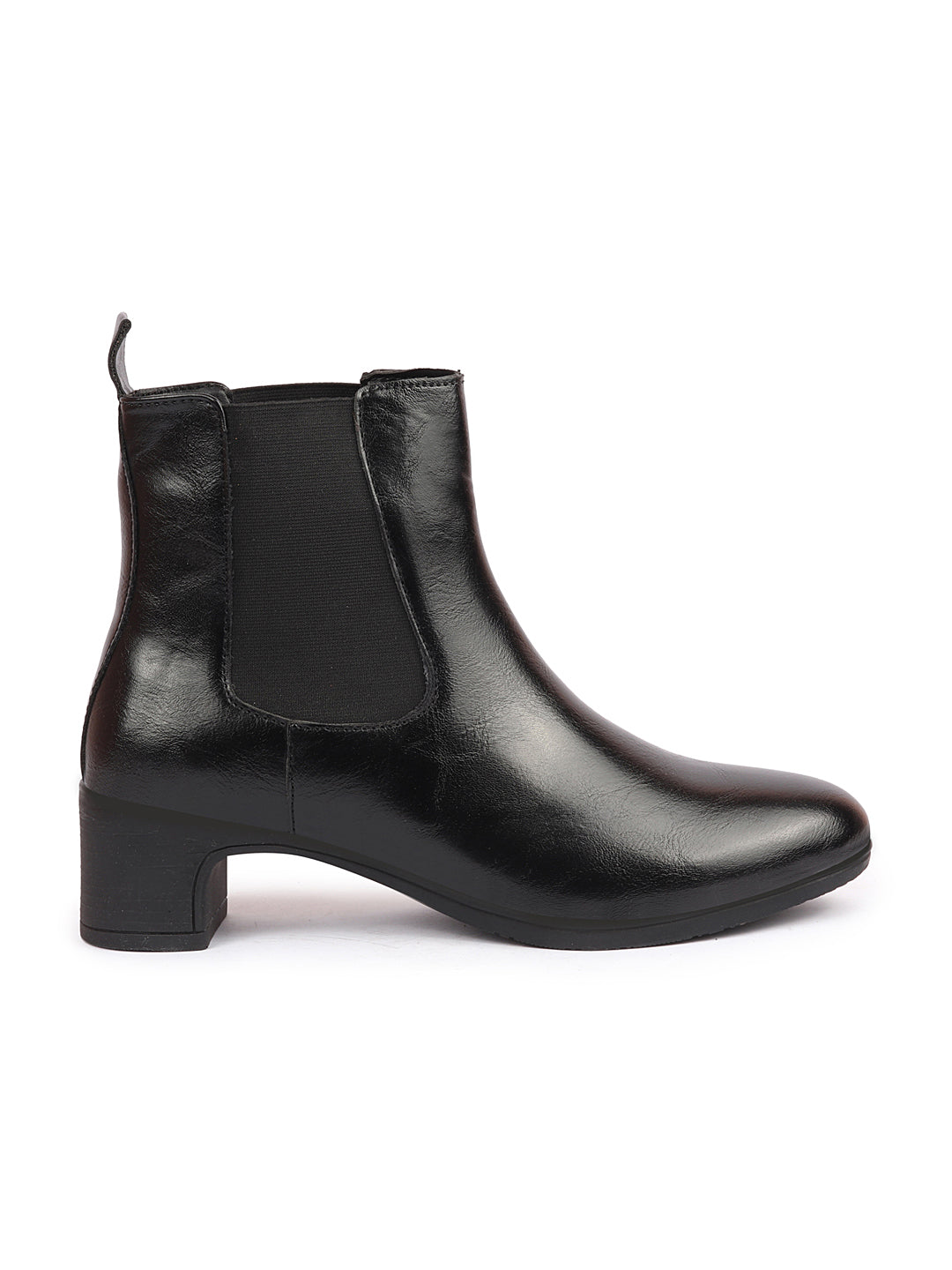 Black Flared Heel High Ankle Top Winter Chelsea Boots for Women