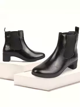 Black Flared Heel High Ankle Top Winter Chelsea Boots for Women