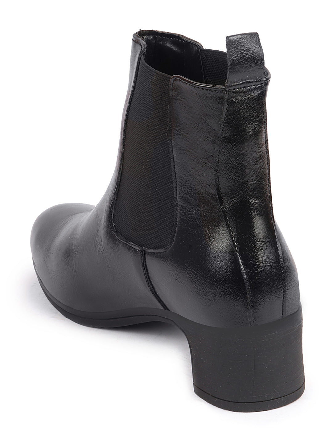 Black Flared Heel High Ankle Top Winter Chelsea Boots for Women