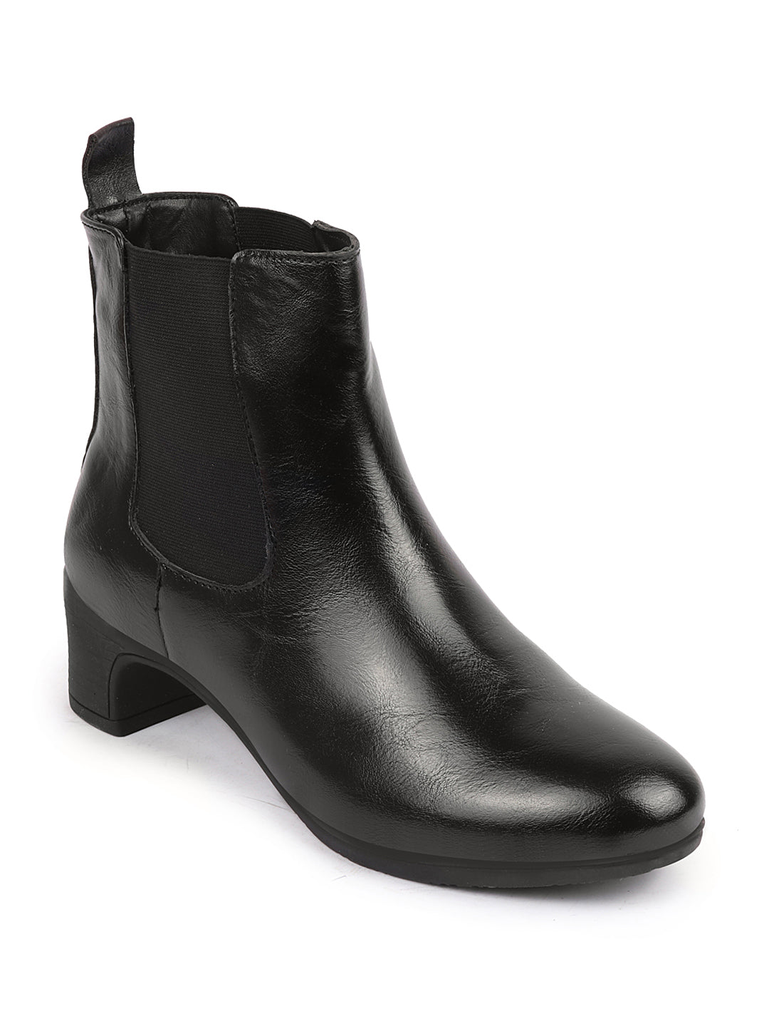 Black Flared Heel High Ankle Top Winter Chelsea Boots for Women