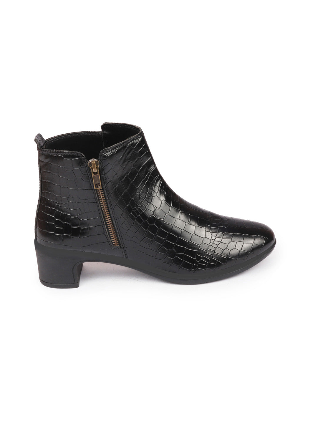 Black Flared Heel Leopard Print Embossed Side Zip Classic Boots for Women