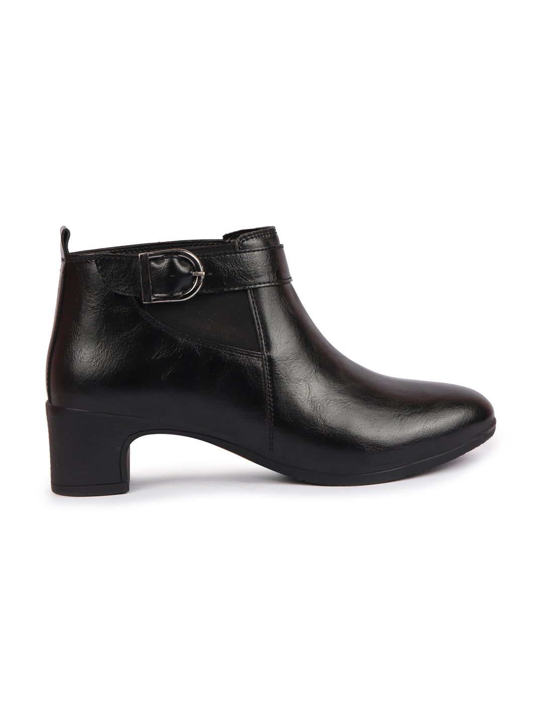 Black Flared Heel Mid Ankle Winter Boots with Buckle Strap - Women's Classic Chelsea