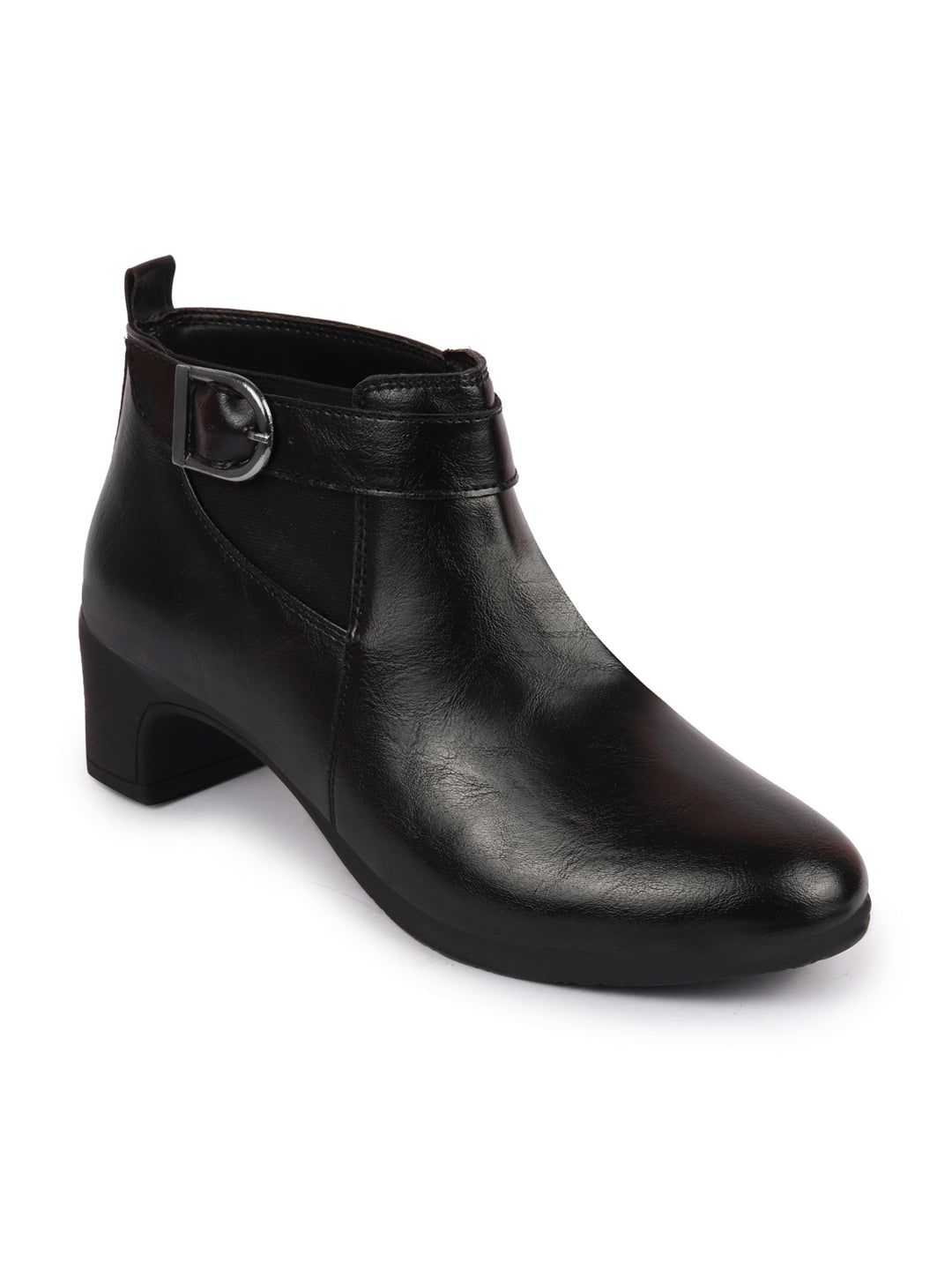 Black Flared Heel Mid Ankle Winter Boots with Buckle Strap - Women's Classic Chelsea