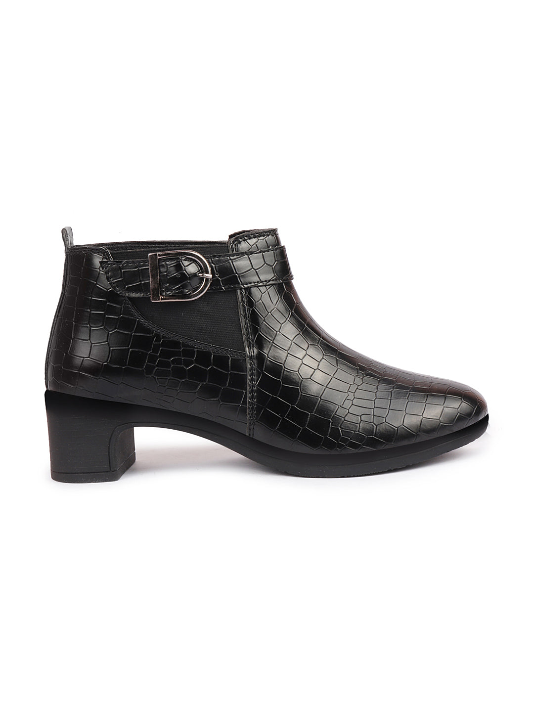 Black Leopard Print Chelsea Boots with Flared Heel and Buckle Strap for Women.