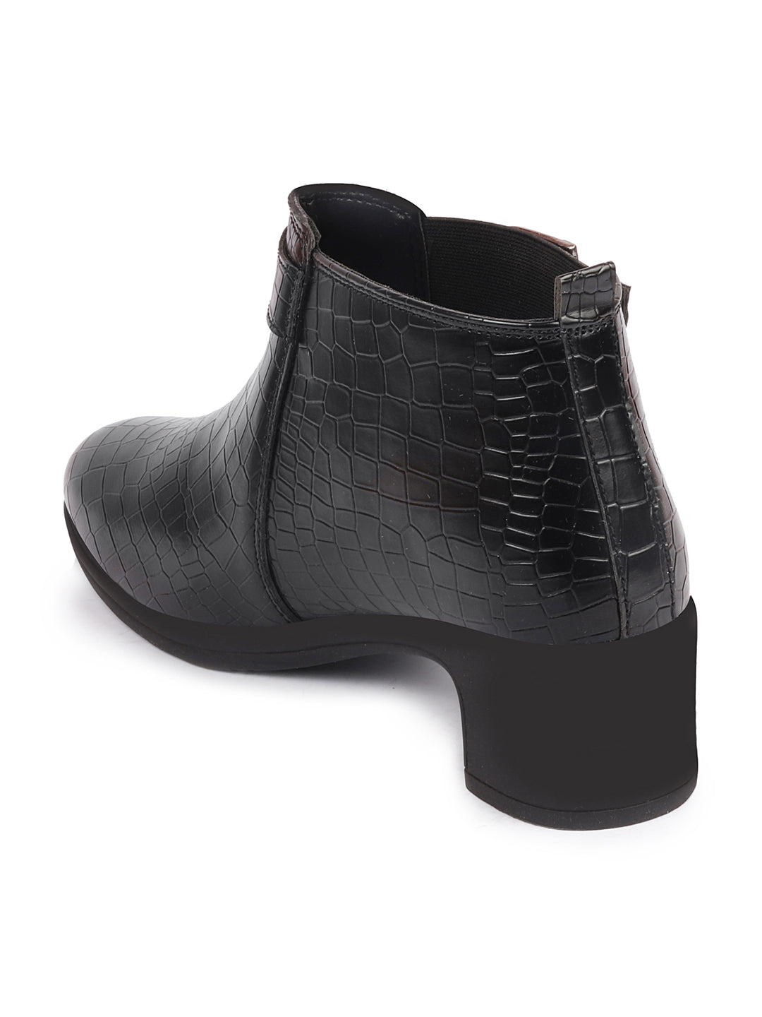 Black Leopard Print Chelsea Boots with Flared Heel and Buckle Strap for Women.