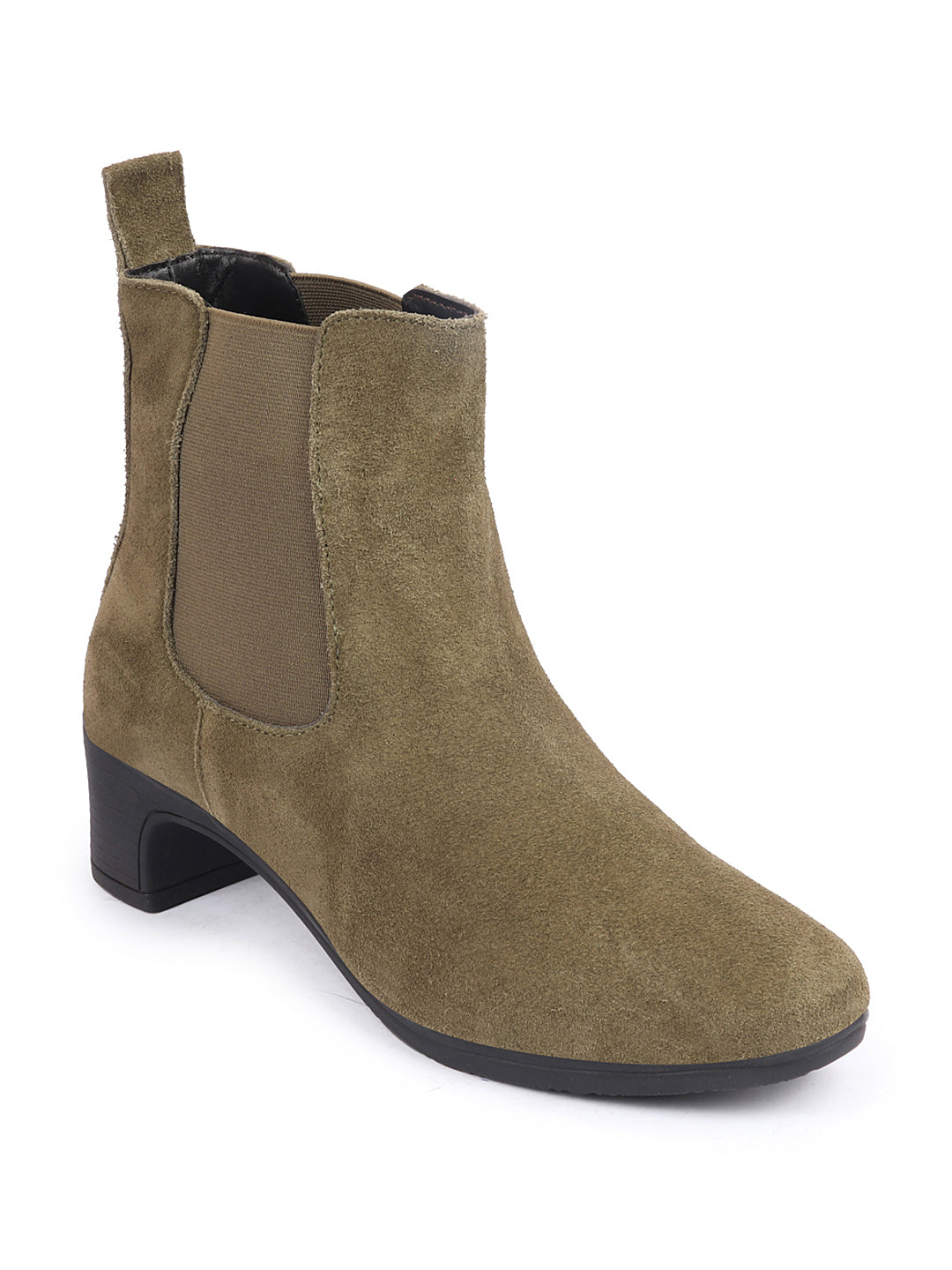 Black Suede Leather High Ankle Chelsea Boots for Women with Flared Heel - Classic Winter Style