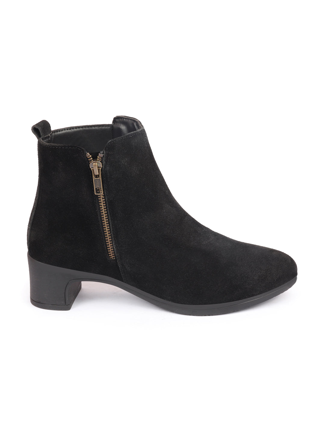 Black Suede Leather Mid Top Flared Heel Winter Chelsea Boots for Women with Zipper Closure