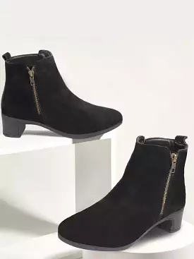 Black Suede Leather Mid Top Flared Heel Winter Chelsea Boots for Women with Zipper Closure