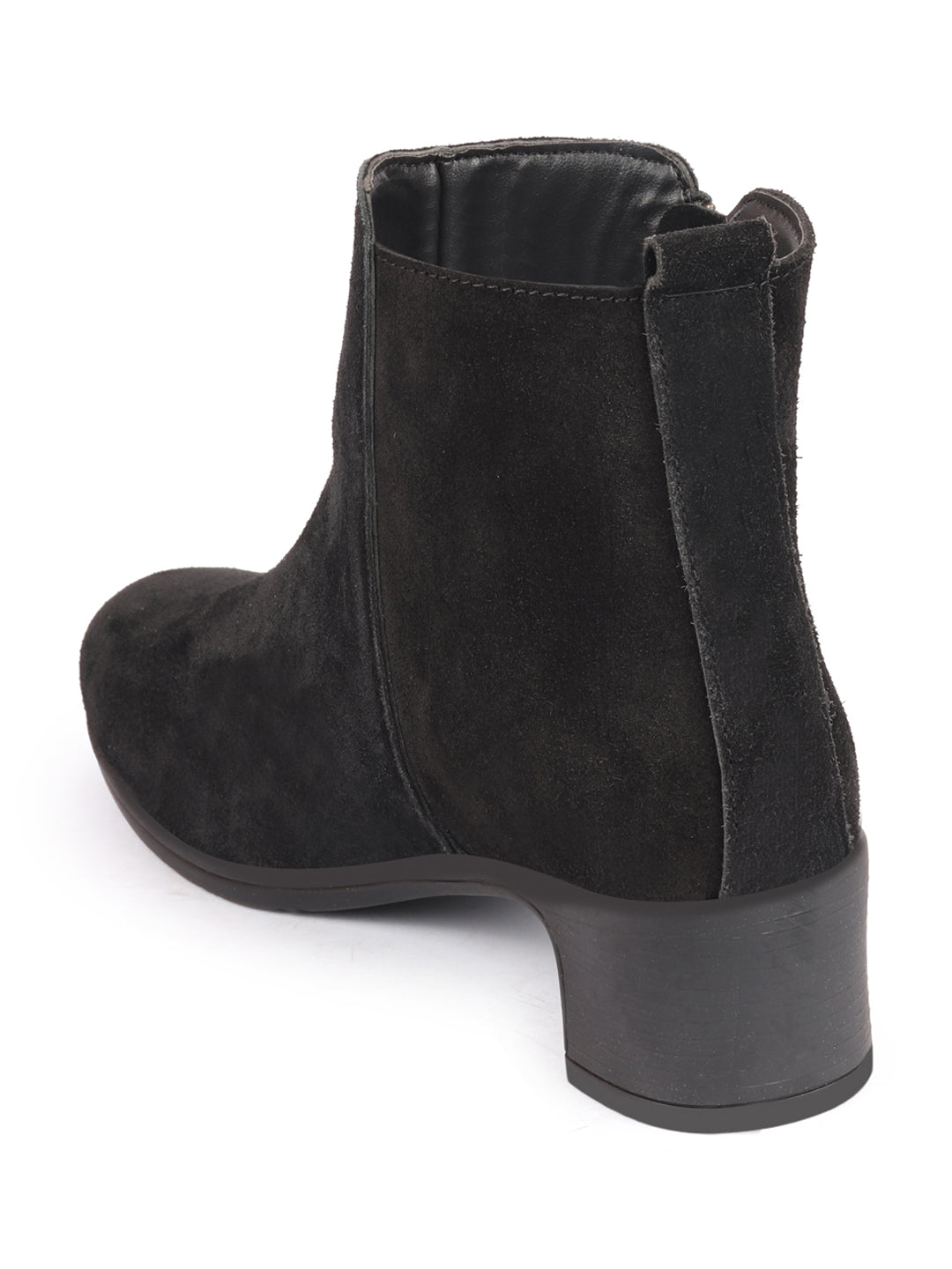 Black Suede Leather Mid Top Flared Heel Winter Chelsea Boots for Women with Zipper Closure