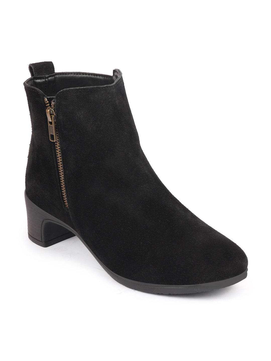 Black Suede Leather Mid Top Flared Heel Winter Chelsea Boots for Women with Zipper Closure