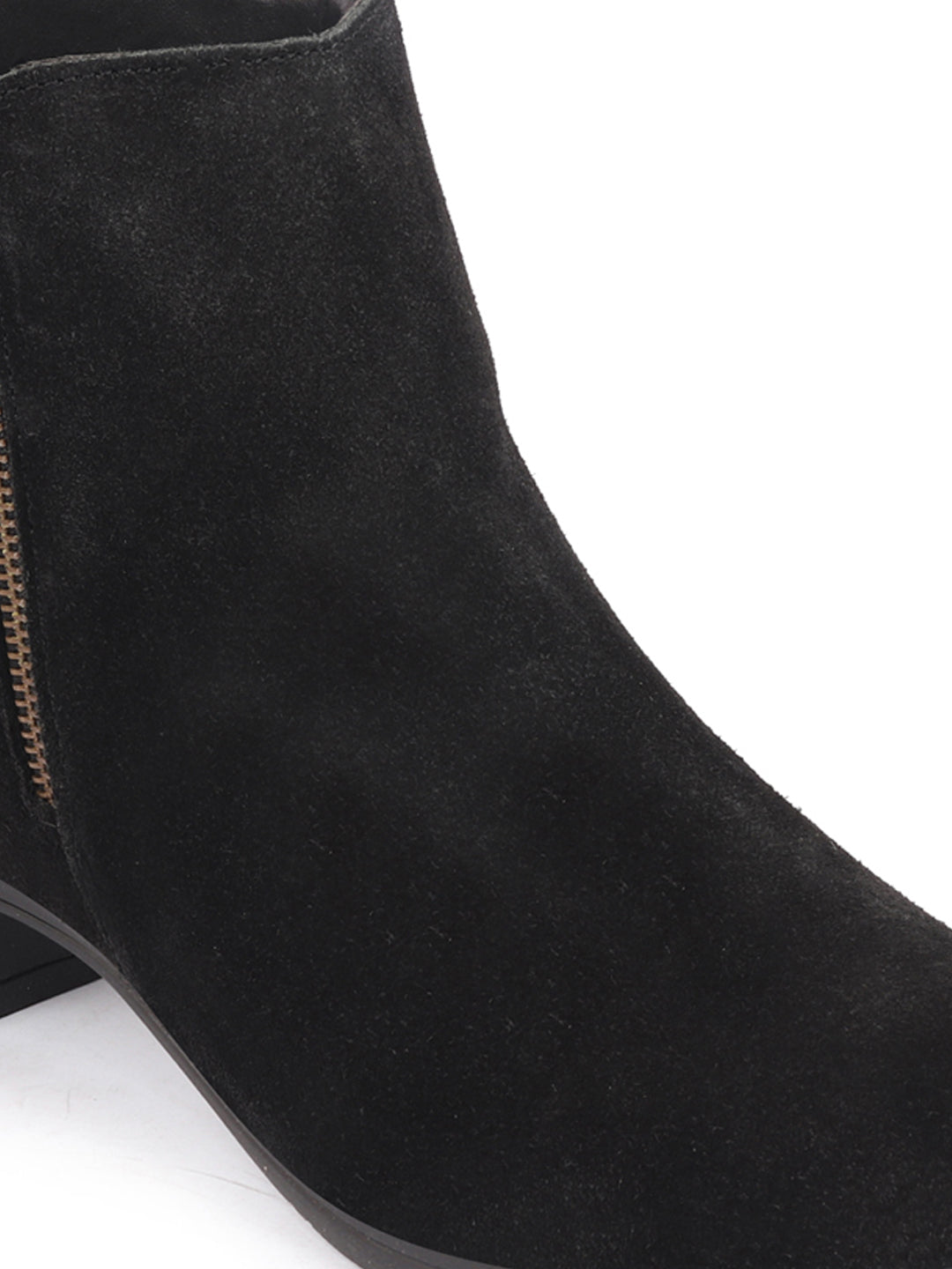 Black Suede Leather Mid Top Flared Heel Winter Chelsea Boots for Women with Zipper Closure