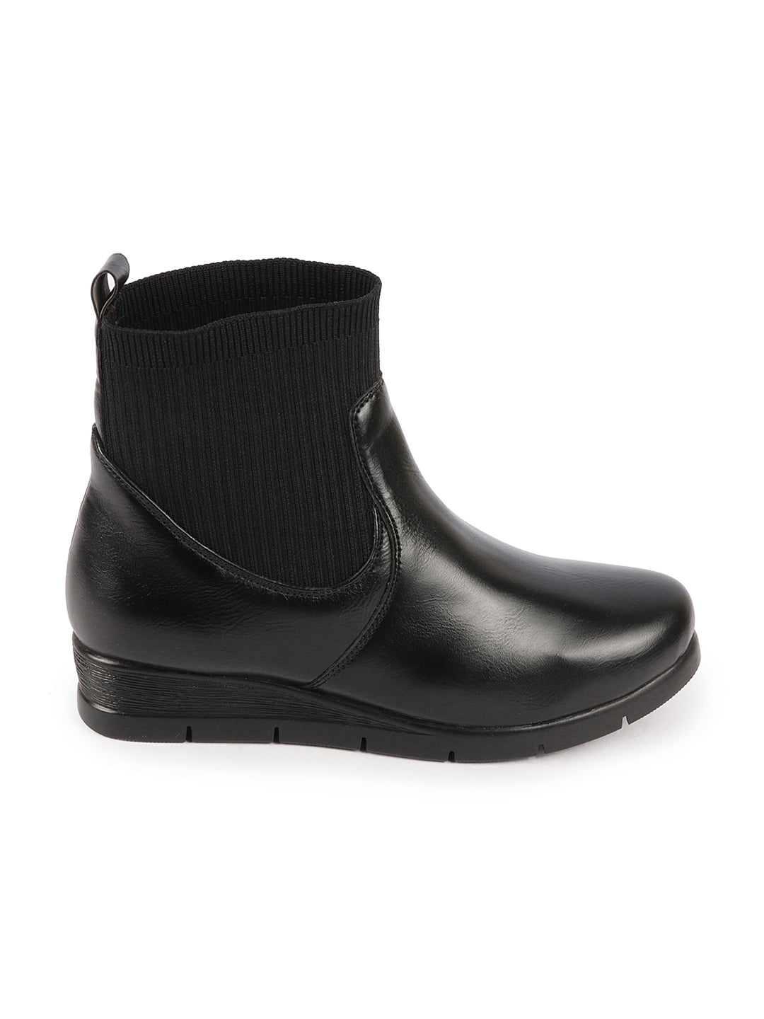 Black Wedge Heel Work Boots for Women with Slip-On Mid-Top Socks, Collar, and Broad Feet