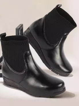 Black Wedge Heel Work Boots for Women with Slip-On Mid-Top Socks, Collar, and Broad Feet