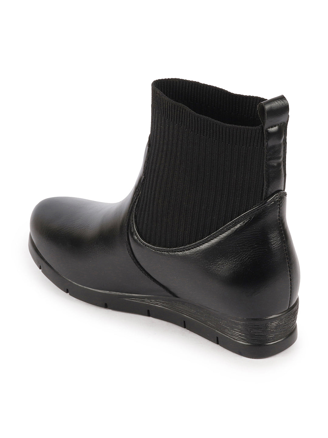 Black Wedge Heel Work Boots for Women with Slip-On Mid-Top Socks, Collar, and Broad Feet