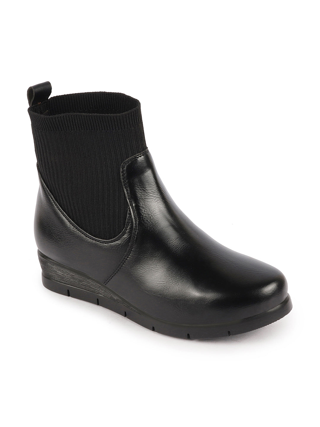 Black Wedge Heel Work Boots for Women with Slip-On Mid-Top Socks, Collar, and Broad Feet