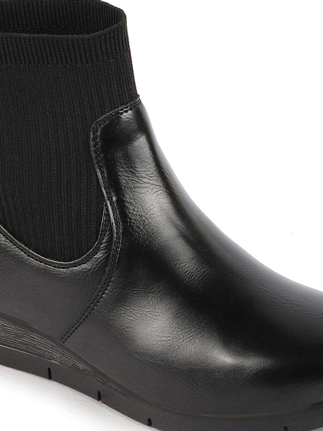 Black Wedge Heel Work Boots for Women with Slip-On Mid-Top Socks, Collar, and Broad Feet