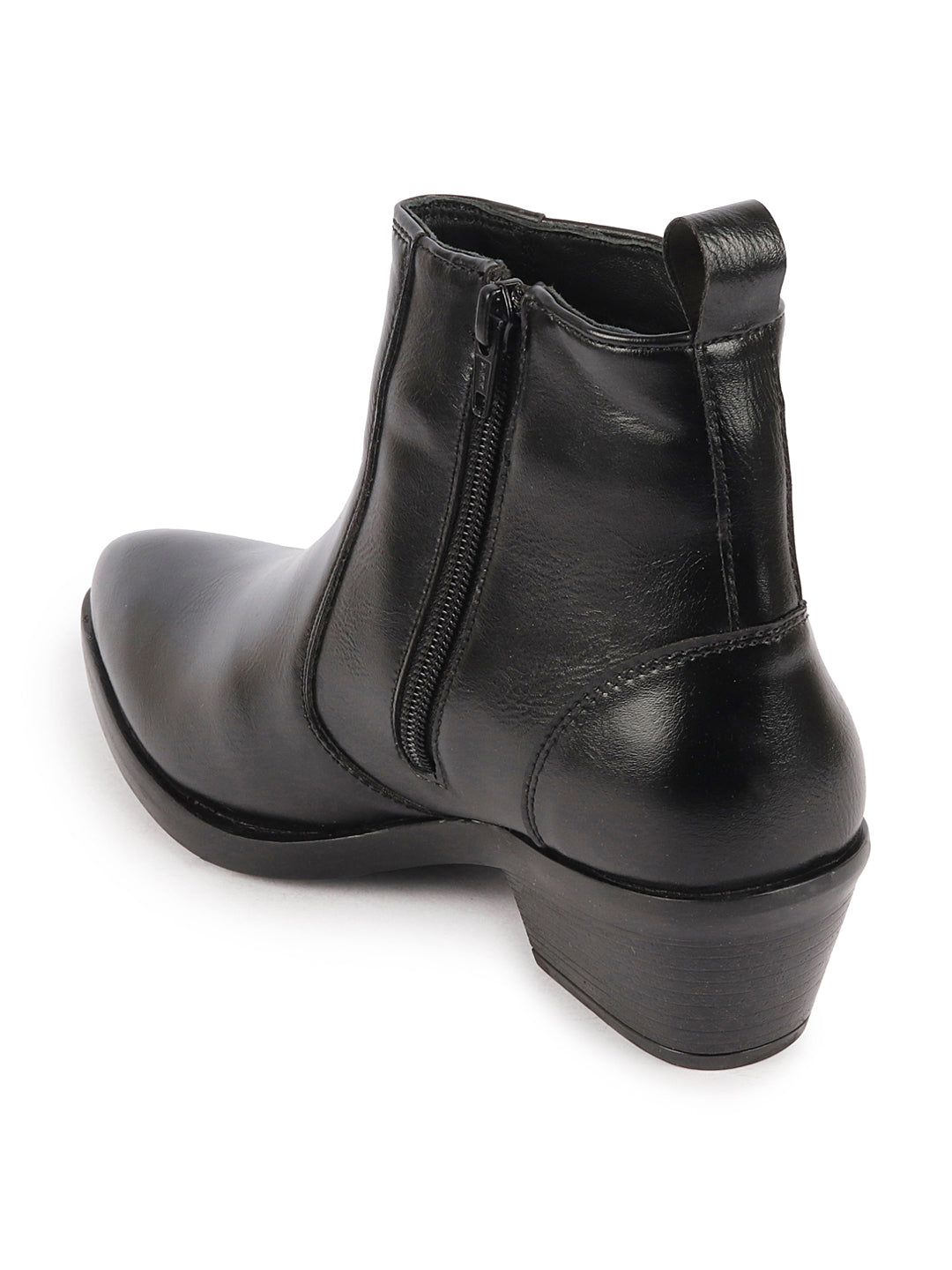 Black Women's Side Zipper Slip On Flared Heel Pointed Toe Chelsea Boots