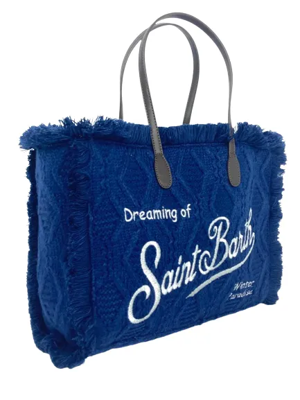 Blue knitted bag with white logo