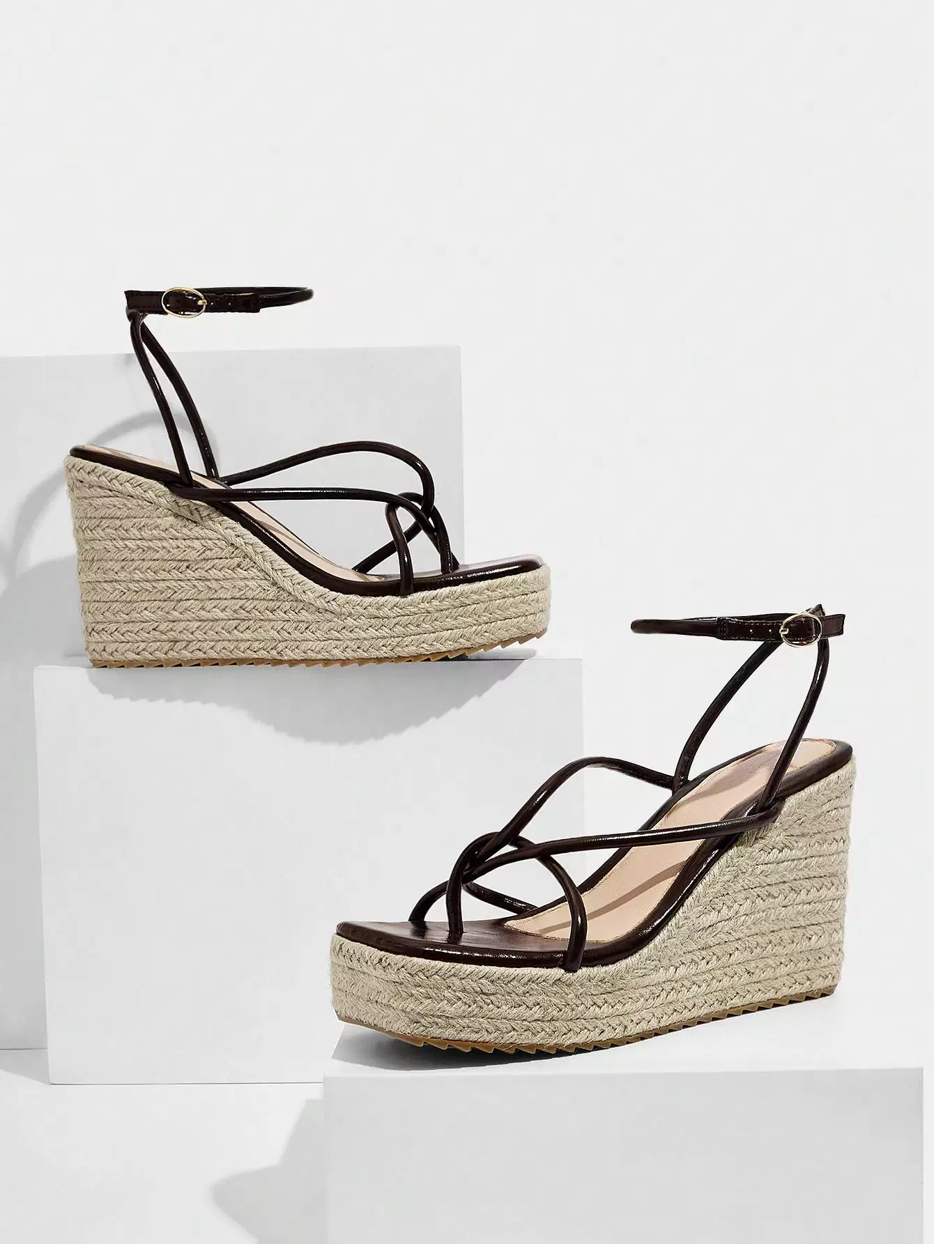 Brown Ankle Strap Sandals Women Vacation, Twist Decor Espadrille Sandals.