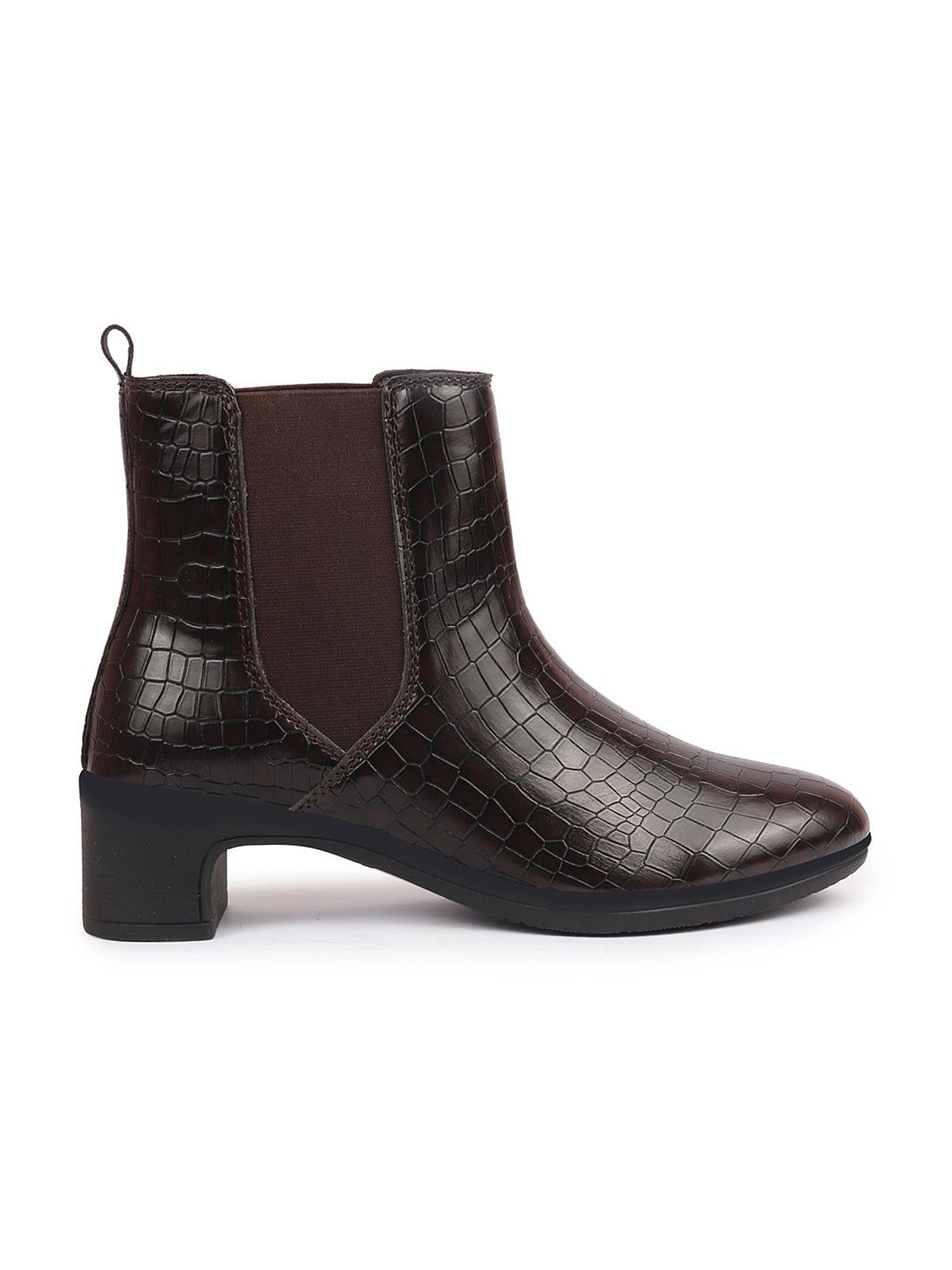 Brown Flared Heel Ankle Boots | Leopard Print Embossed Chelsea Boots