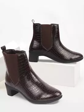 Brown Flared Heel Ankle Boots | Leopard Print Embossed Chelsea Boots