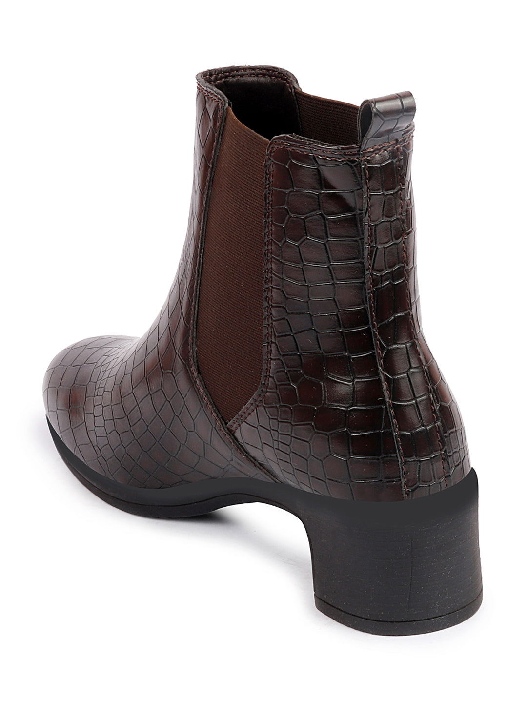 Brown Flared Heel Ankle Boots | Leopard Print Embossed Chelsea Boots