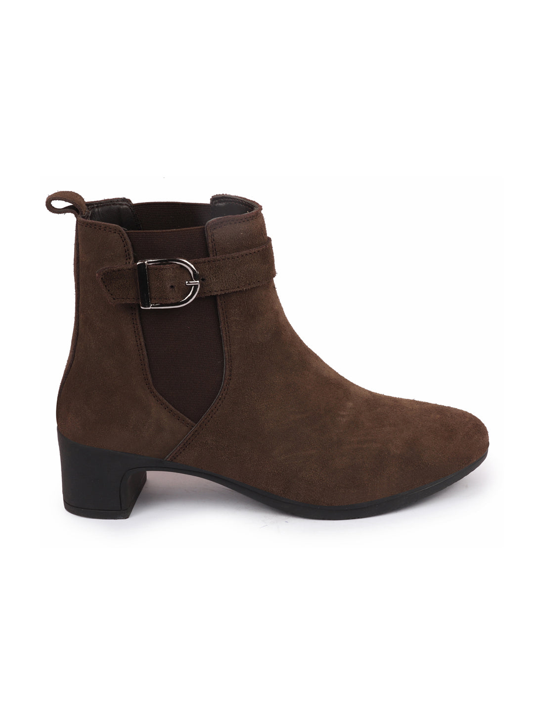 Brown Flared Heel High Ankle Suede Leather Classic Winter Buckle Strap Chelsea Boots - Women