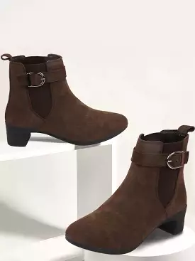 Brown Flared Heel High Ankle Suede Leather Classic Winter Buckle Strap Chelsea Boots - Women