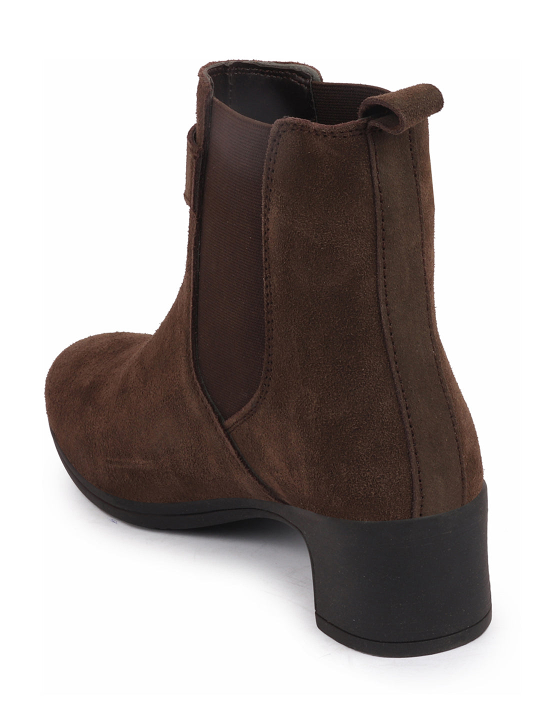 Brown Flared Heel High Ankle Suede Leather Classic Winter Buckle Strap Chelsea Boots - Women