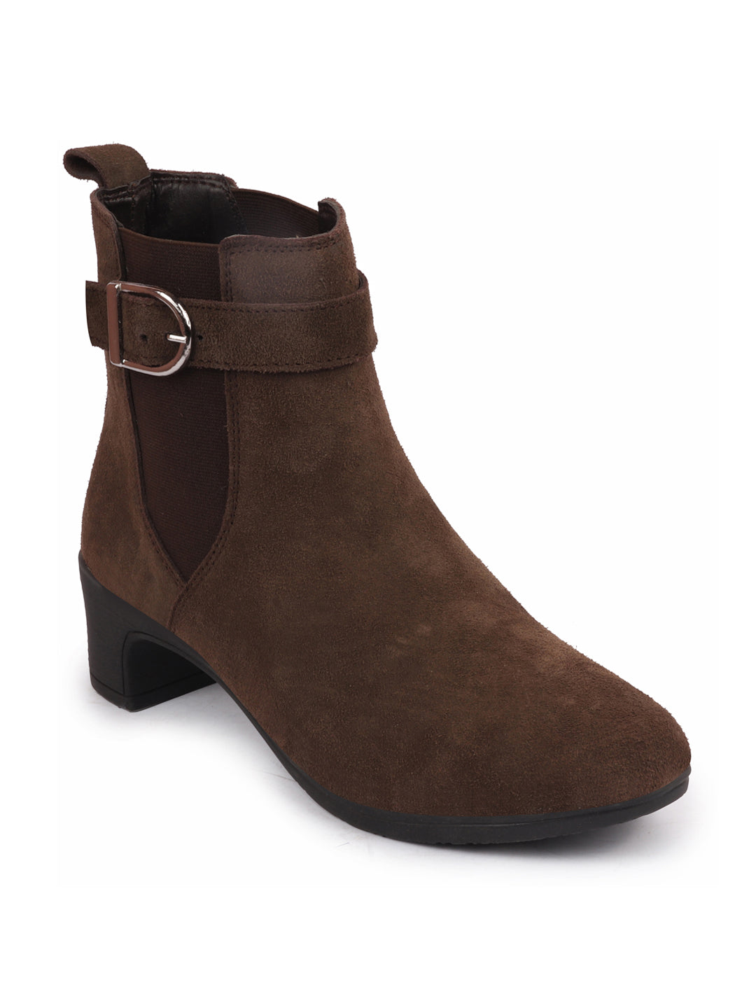 Brown Flared Heel High Ankle Suede Leather Classic Winter Buckle Strap Chelsea Boots - Women