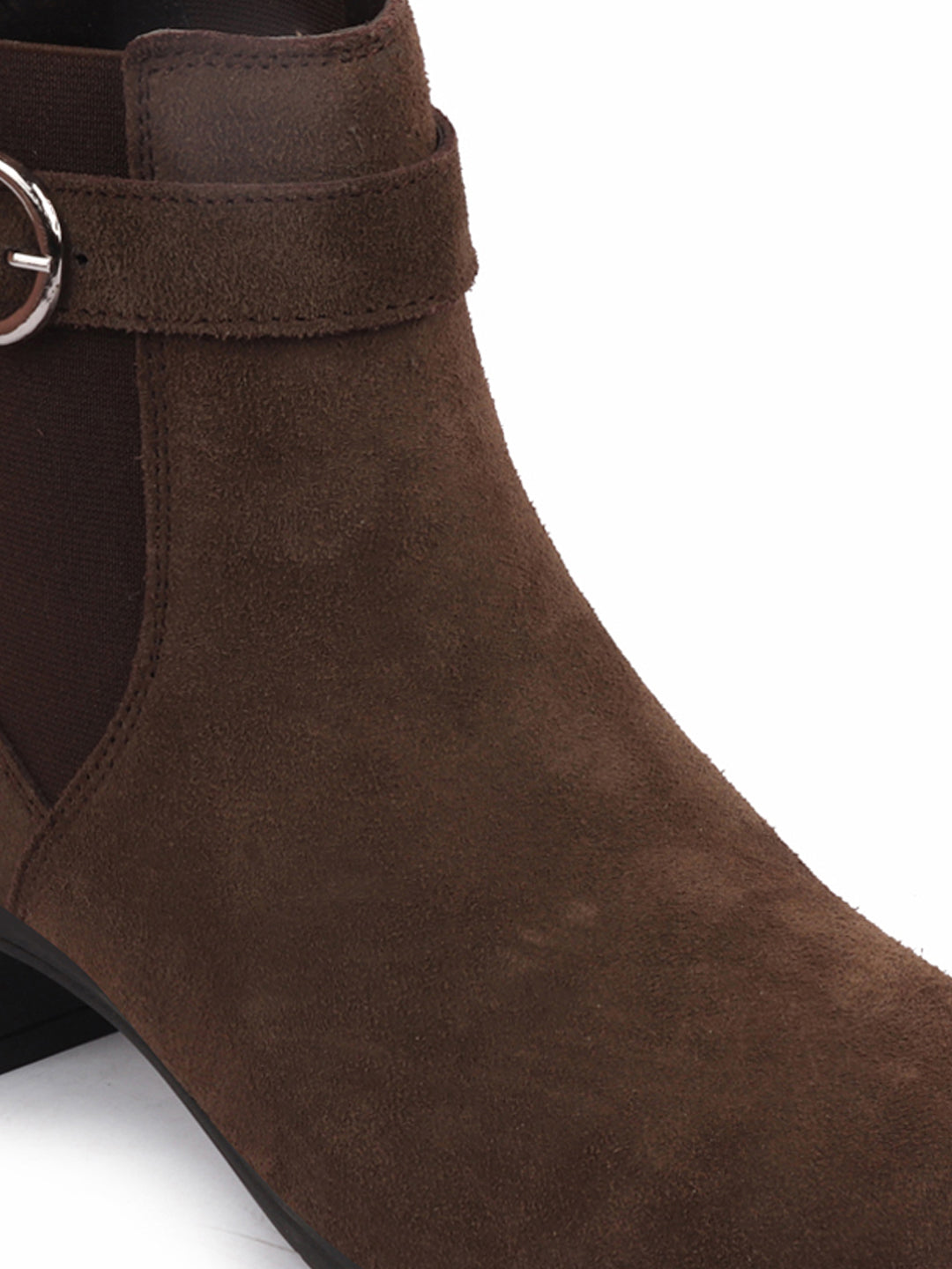 Brown Flared Heel High Ankle Suede Leather Classic Winter Buckle Strap Chelsea Boots - Women