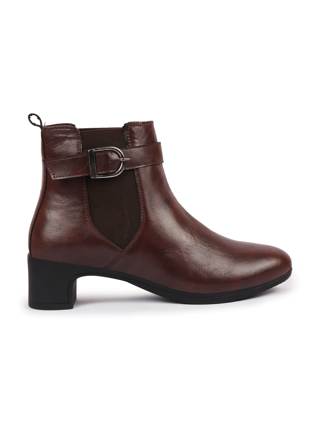 Brown Flared Heel High Ankle Winter Buckle Strap Boots