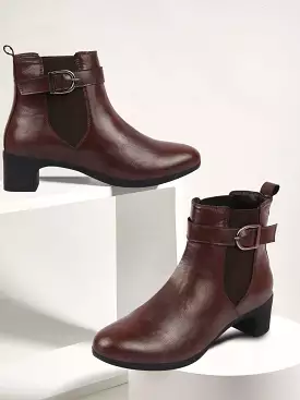 Brown Flared Heel High Ankle Winter Buckle Strap Boots