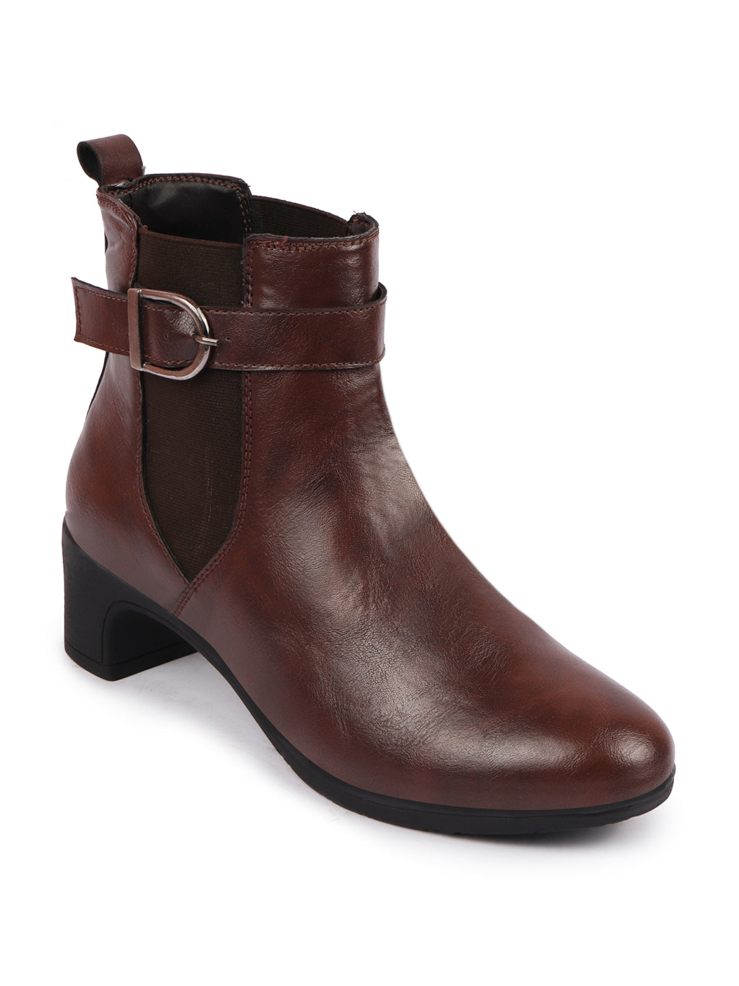 Brown Flared Heel High Ankle Winter Buckle Strap Boots