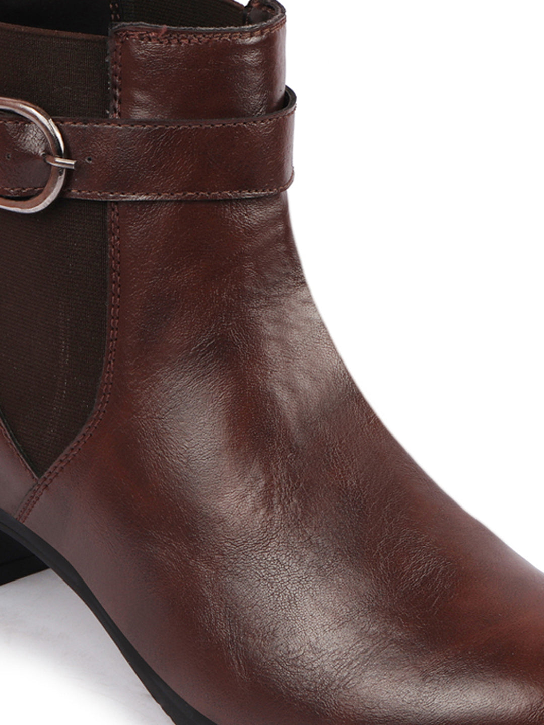 Brown Flared Heel High Ankle Winter Buckle Strap Boots