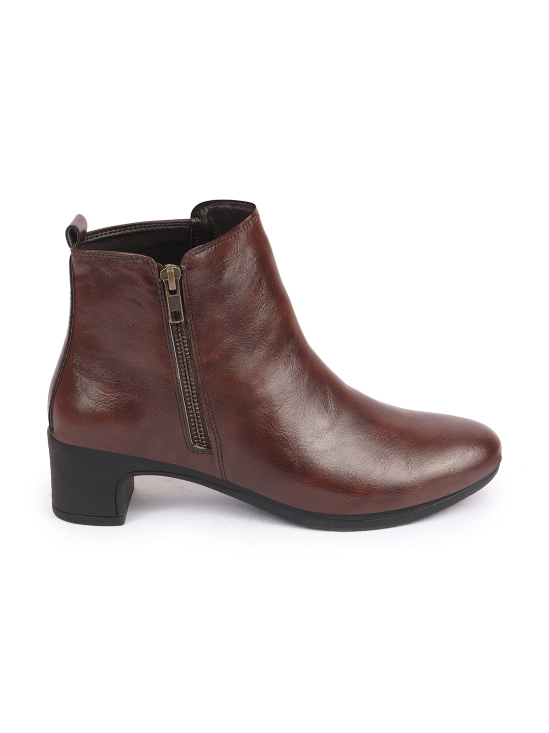 Brown Flared Heel Winter Boots with Side Zipper for Women