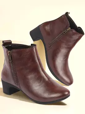 Brown Flared Heel Winter Boots with Side Zipper for Women