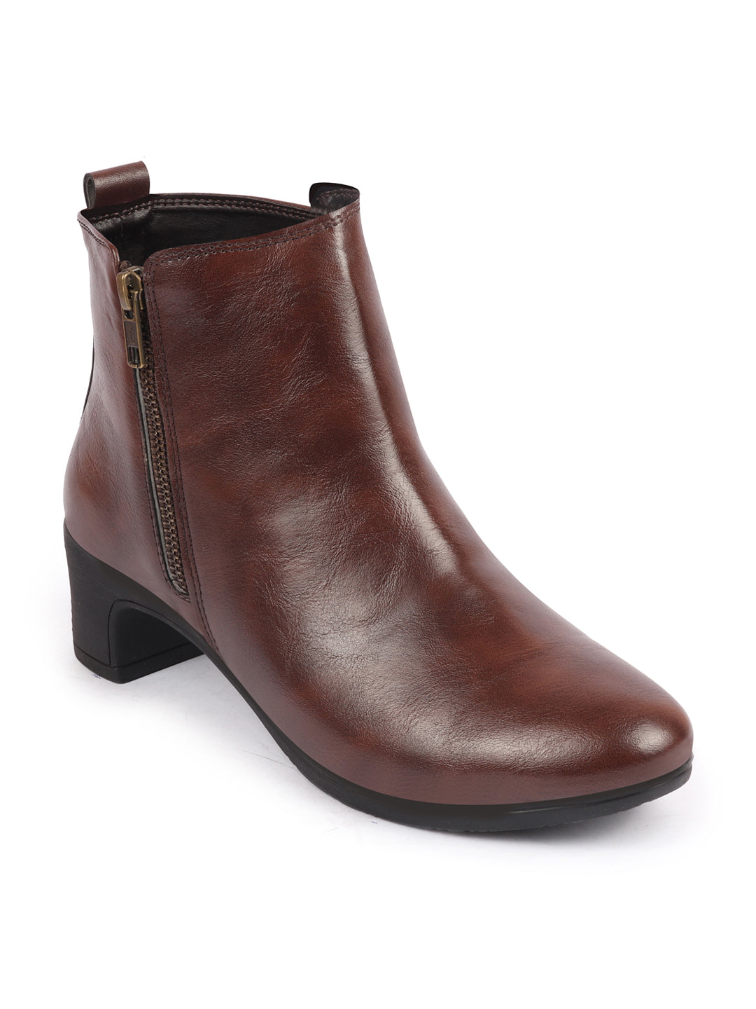 Brown Flared Heel Winter Boots with Side Zipper for Women