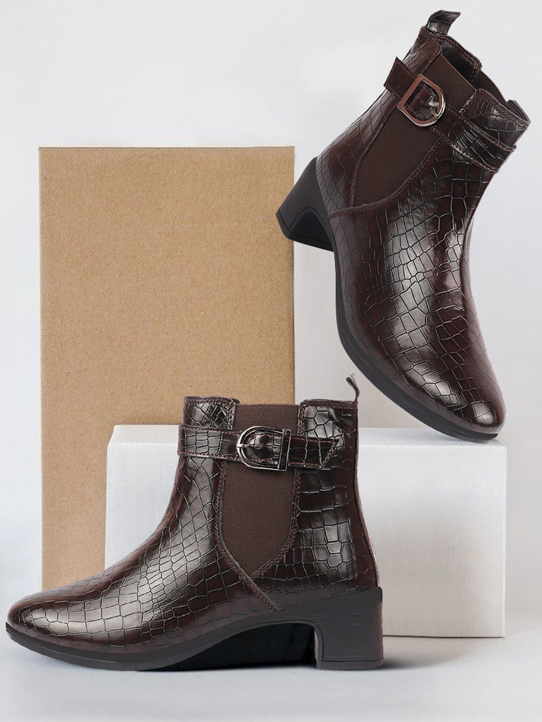 Brown Leopard Print Chelsea Boots with Flared Heel and Winter Buckle Strap