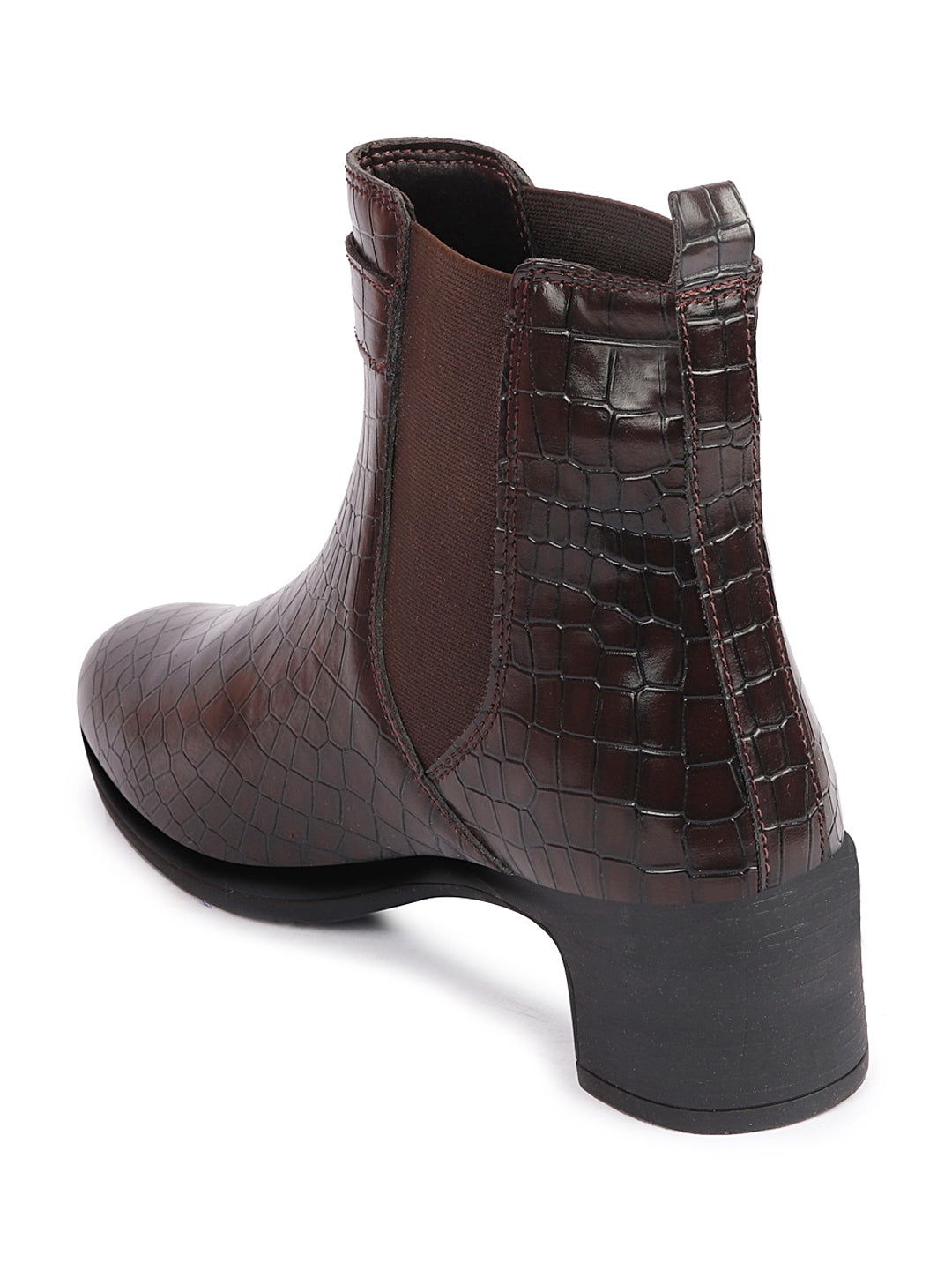 Brown Leopard Print Chelsea Boots with Flared Heel and Winter Buckle Strap