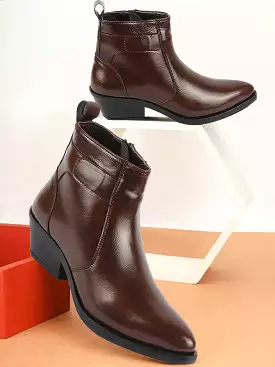 Brown Mid Top Side Zipper Slip On Flared Heel Pointed Toe Chelsea Boots for Women