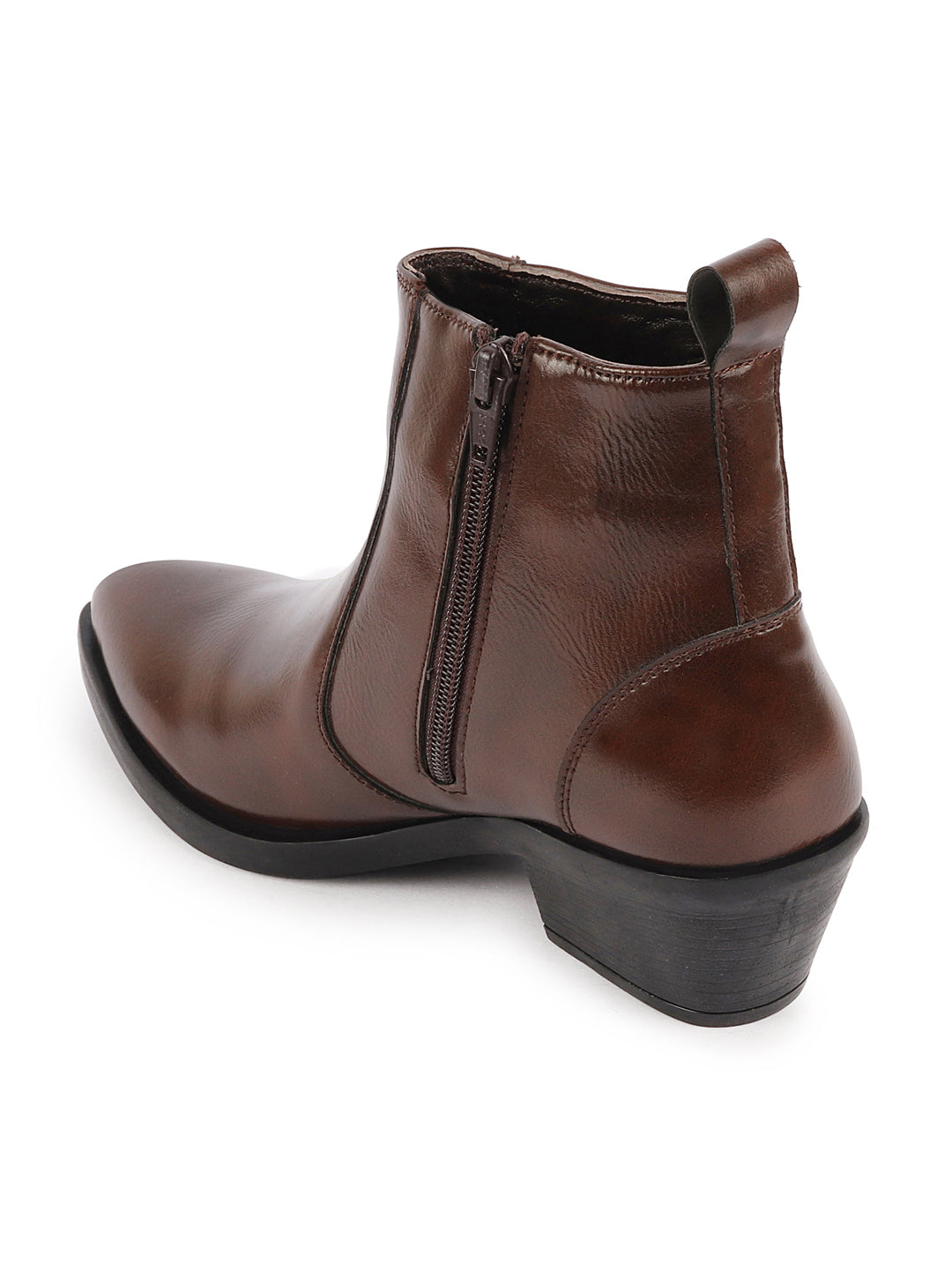 Brown Mid Top Side Zipper Slip On Flared Heel Pointed Toe Chelsea Boots for Women