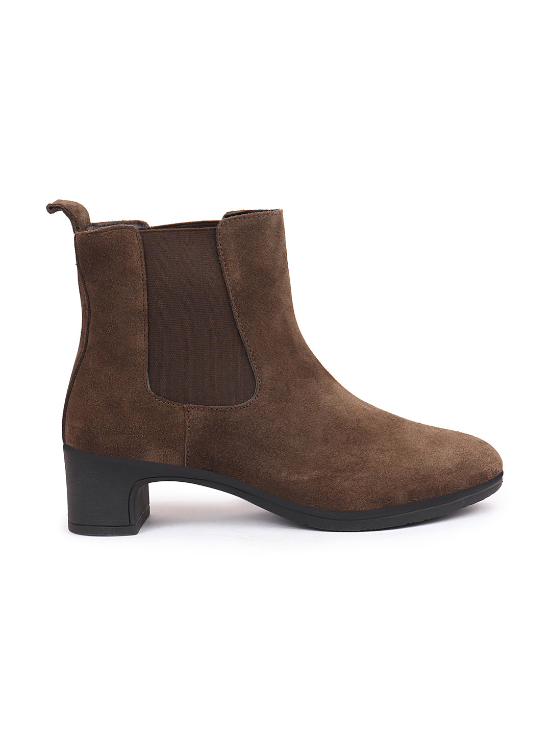 Brown Suede Leather High Ankle Chelsea Boots for Women with Flared Heels - Classic Winter Style